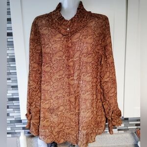 Soft surroundings Paisley print ruffle long sleeve button down blouse